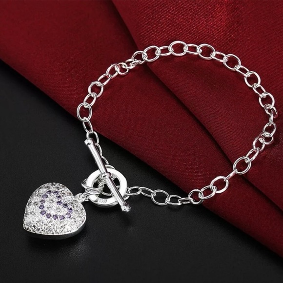 Jewelry - Sterling Silver Heart Amethyst Crystal Toggle Bracelet 7” NEW